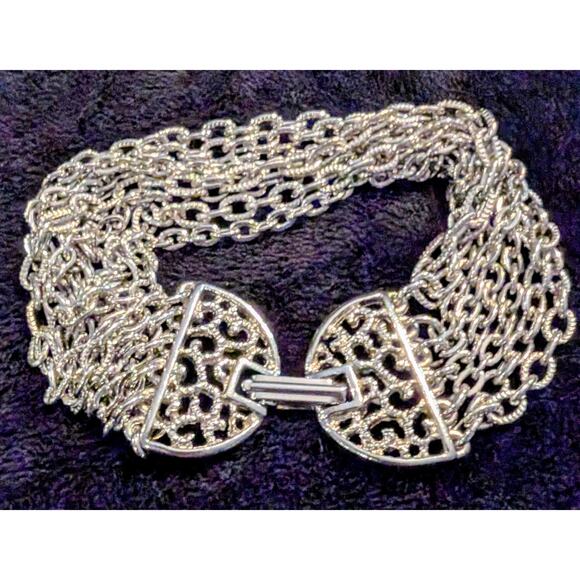 VTG Stamped Celebrity 8 Strand Silver Tone Chain Bracelet Fold Over Clasp 7.5 in - Picture 1 of 5